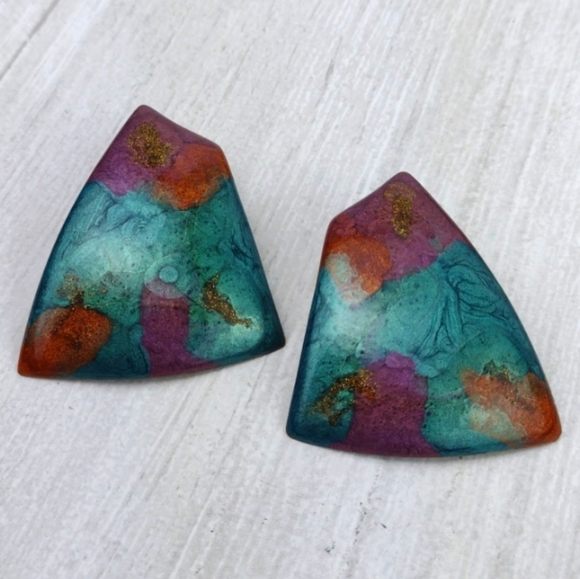 Crackled Turquoise & Metallic Copper Brown Enamel Abstract Brass Earrings - Picture 1 of 7